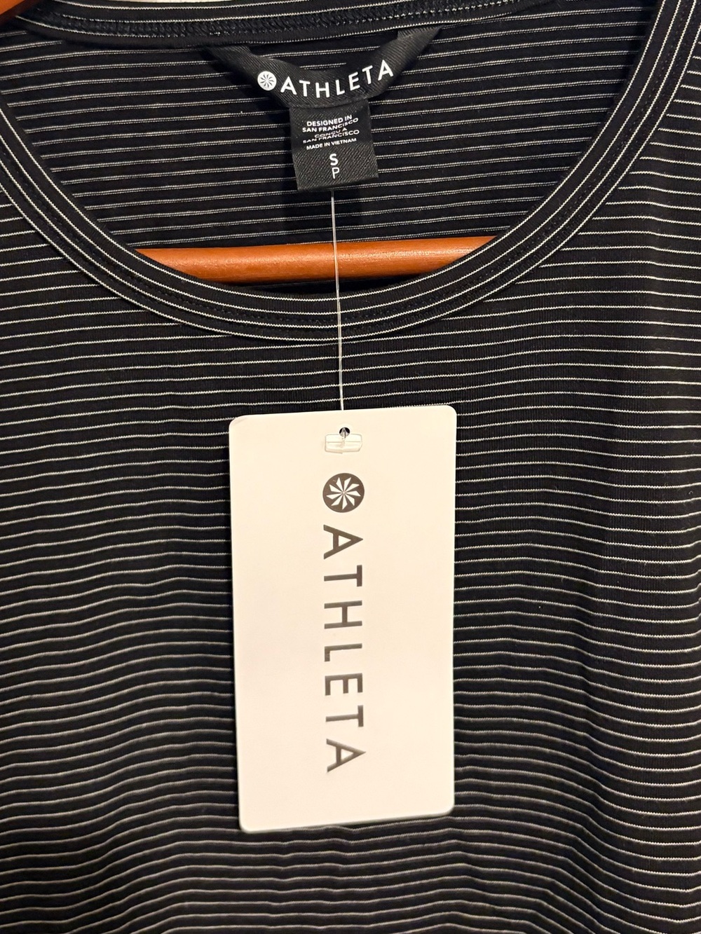 New Athleta Essentials Black with White Thin-Stripe Crew Tee - Picture 3 of 5